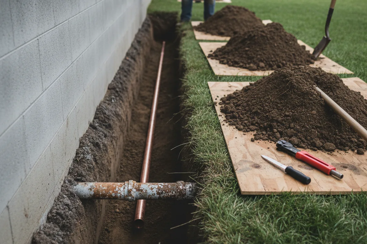 Excavated water line trench during Sewer Line Repair in Red Bank